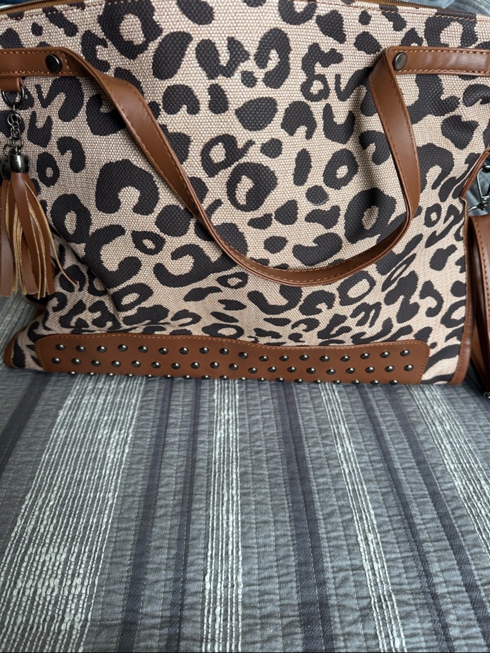 NWOT Leopard Print Tote Bag with Brown Trim